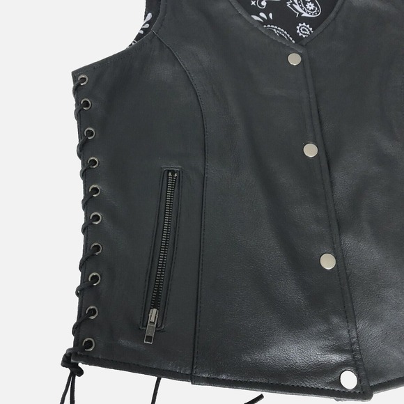 Unik Premium Women Sz M Black Leather Snap Front Vest Side Laces Paisley Liner - Picture 11 of 16